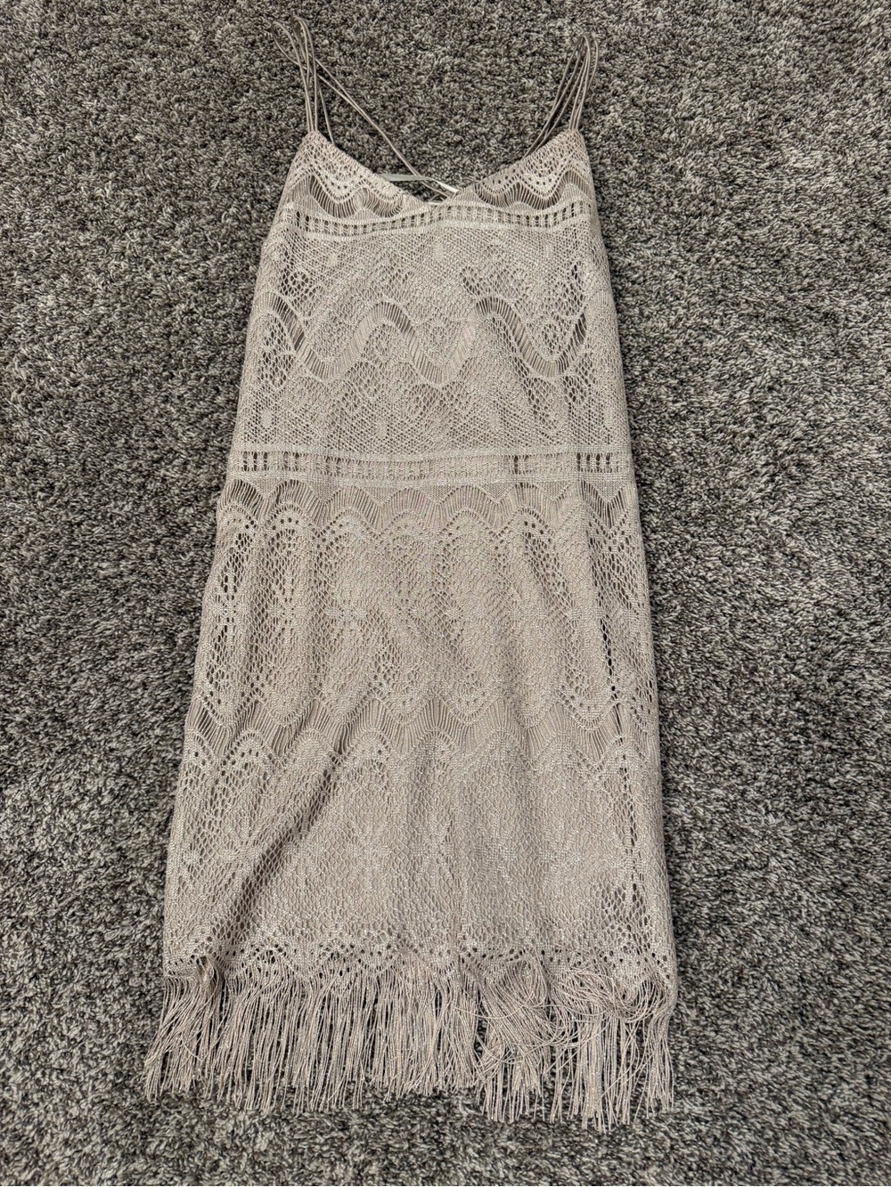 Jessica Simpson Lace Fringe Dress Size 6 Boho Crochet Sleeveless Blush Nude Mini